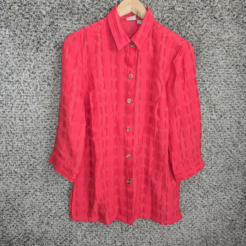 Chicos Travelers Top Womens 0 US Small Pink Textured Button Up Tunic Casual